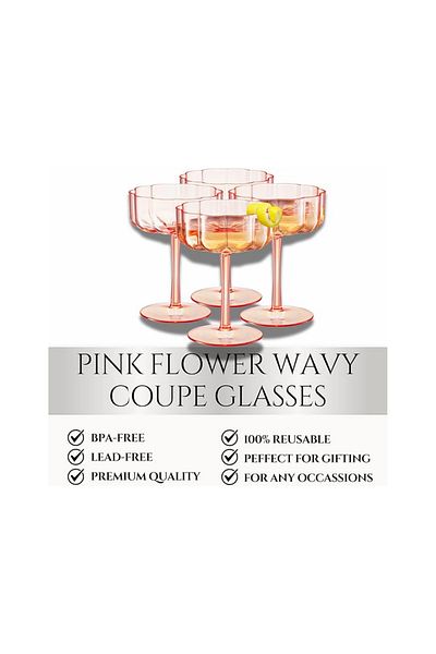 Love Gifts 4Pcs Glass Transparent Flower Shaped Coffee Presentation, Cocktail, Magnolia Cup and Dessert Bowl Pink