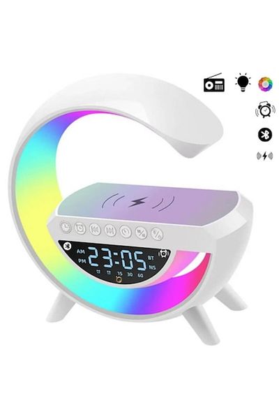StartONTeam Lampa LED cu Ceas si Alarma, Lumini colorate, Boxa cu Bluetooth si Incarcator Wireless