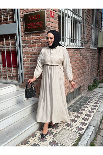 SHEZAN MODA Kadın Bej Çilek Kumaş Bolerolu Önü Düğmeli Yandan Bağlamalı Ikili...