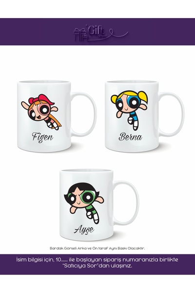 giftshoppi Üçlü Puff Baskılı Kupa Bardak Kişiye Özel İsimli
