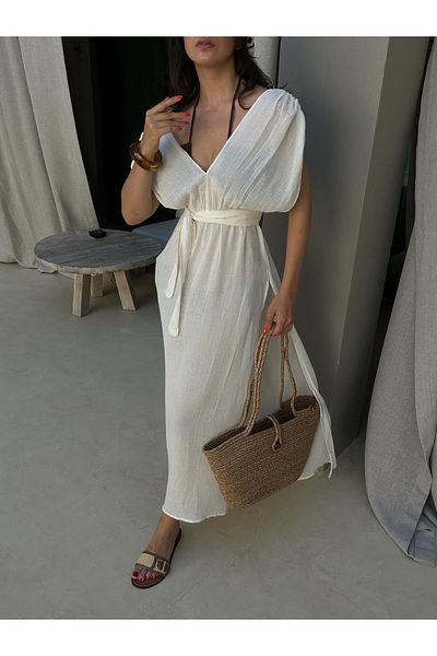 minaaise Ecru Cotton Fabric Long Pareo Beach Dress 29262