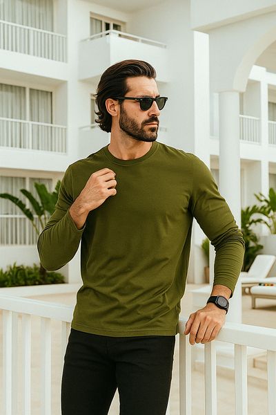 Rich Tricou pentru bărbați, kaki, cu mânecă lungă, cu decolteu, 100% bumbac, tricou de bază relaxat