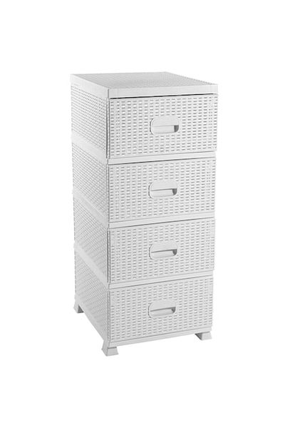 Chomik Plastic Storage Cabinet with Drawers for Hall, Bathroom, Kitchen, Rattan Style, White, 38x45x