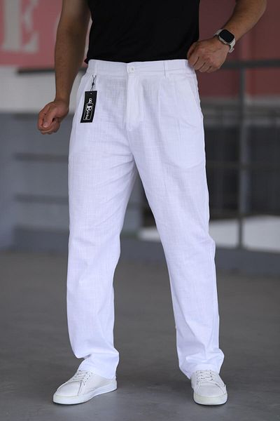 Bürke Double Pleated White Color Elastic Waist Quality Relaxed Fit Linen Baggy Trousers