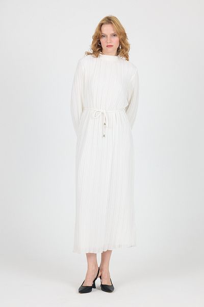 Rays White Chiffon Long Sleeve Pleated Waist Tie Midi Dress 020