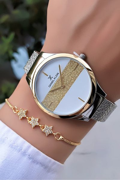 Daniel Klein Original Women's Wristwatch Gold Silver Color Silvery Dial Bracelet with Gift