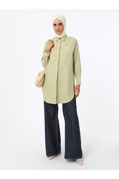 Refka Button Detailed Poplin Tunic - Green -