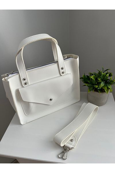 ESNEVA White Color Envelope Model Silver Button Detailed Hand, Arm and Shoulder Bag with Front Pocket