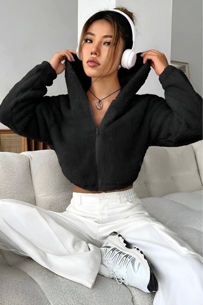 Genel Markalar Peluş ceket kapşonlu siyah