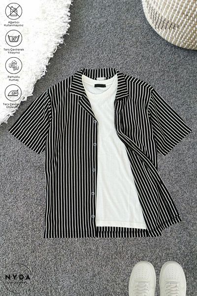 Nyda Collections Ανδρικό πουκάμισο με κοντό μανίκι από βαμβακερό ύφασμα βάφλα ριγέ εποχιακό Lycra Oversize