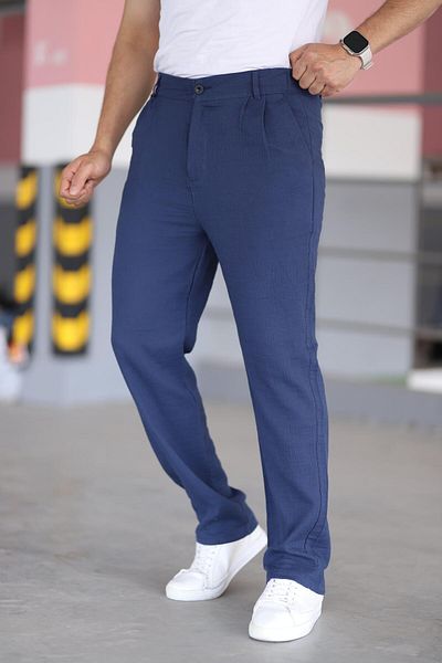 Bürke Double Pleated Navy Blue Color Elastic Waist Quality Relaxed Cut Muslin Baggy Trousers