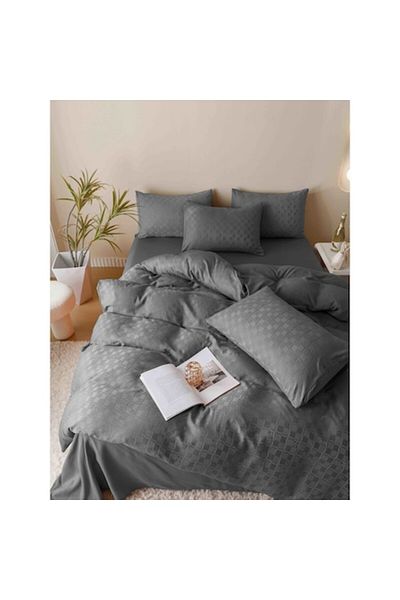 JOJO HOME Set Lenjerie de pat, Jojo Home, JQF4, bumbac jacquard finet premium, uni, 2 persoane, 6 piese, gri a