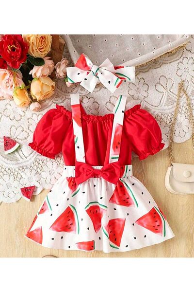 OEM 3-piece set of summer clothes for girls with watermelon print, skirt with straps + top + headband 9-12 months, 74-80 cm