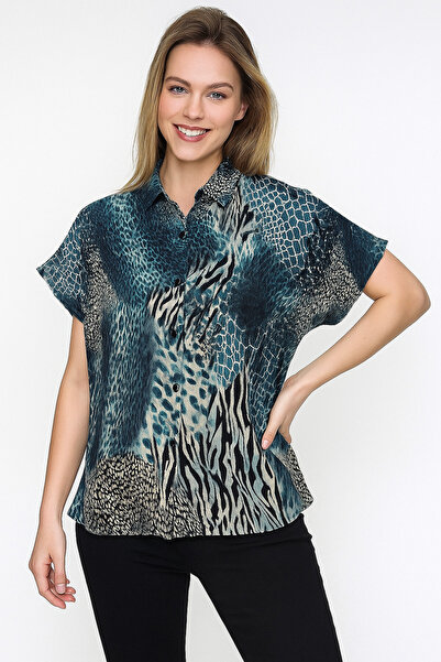 SheLoria Women's Bondi Blue Leopard Patterned Viscose Bat Shirt