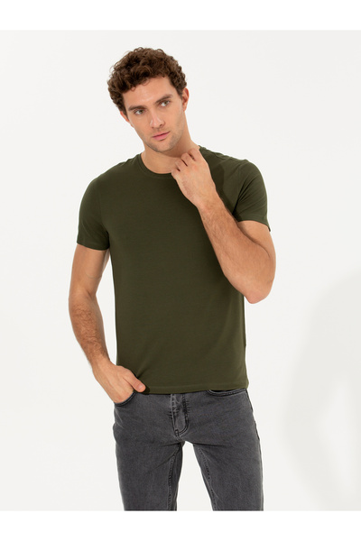 Cacharel Khaki Crew Neck Slim Fit Basic T-Shirt 50263987-Vr027