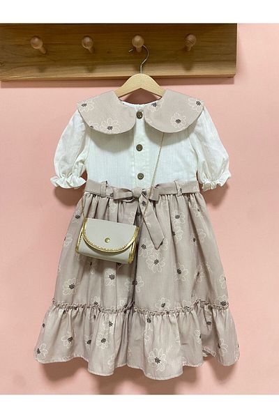 Cherrys Bebek Floral Patterned Baby Collar Girl's Dress with Bag