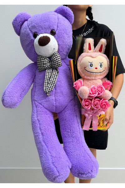 lenostra Sevgiliye Hediye - Labubu Peluş Oyuncaklı Pembe Güllü Buket ve 80cm ...