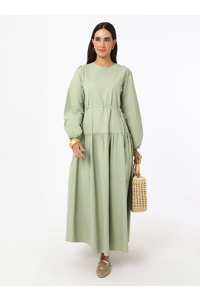 Benin Rochie hijab cu mâneci balon și detaliu de legare - verde -