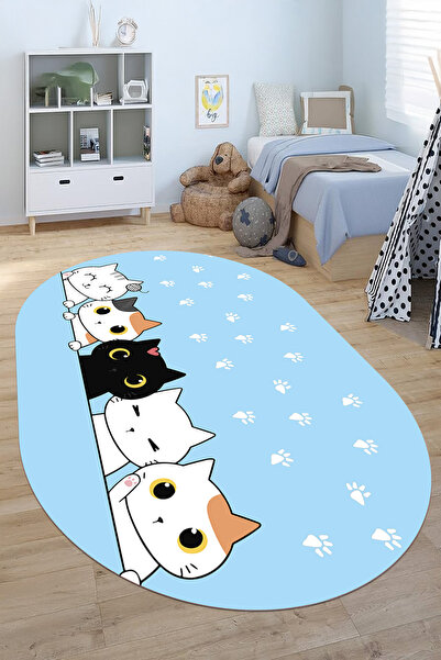 EVİMSEN Baskılı Yıkanabilir ve Kaymaz Kedi ve Pati İzli Desenli Oval Çocuk Ha...