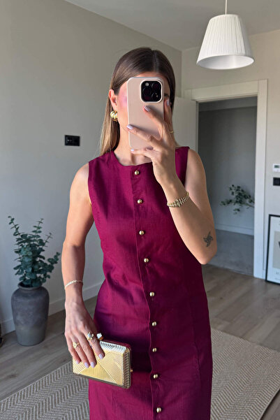 Sue Store Bordo Gold Düğmeli Astarlı Keten Kalem Elbise