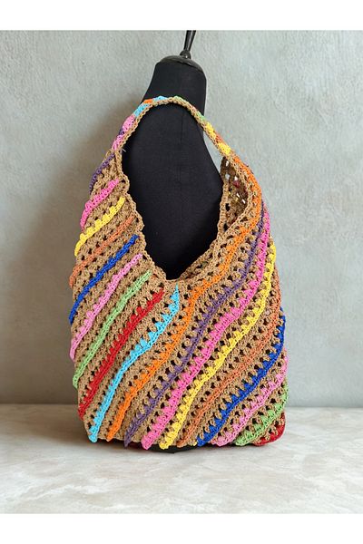 Hobi Kafe Hand Knitted Colorful Shoulder Bag with Paper Thread – Bohemian Style – Colorful and Natural