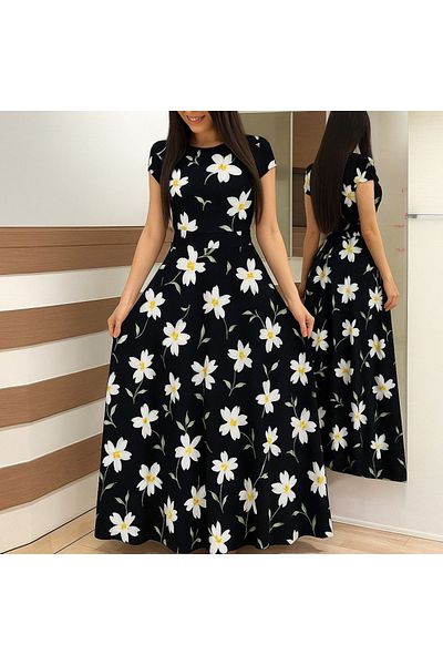 JANES Women's Short Sleeve Crew Neck Floral Print Maxi Knitted Crepe Dress