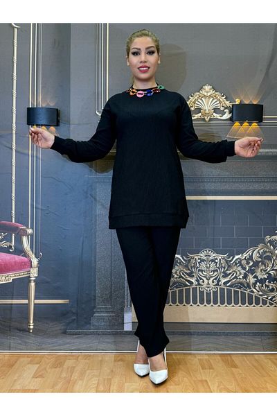 Yeşilmoda Suit,Viscose,Tunic and Pants,Chain Details,Black, Women,Long Sleeve,Casual,Lycra Pants Waist