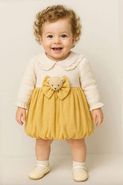 Minigimin Cicileri My Little Baby Girl's Muslin Teddy Bear Detailed Baby Girl Dress - Yellow