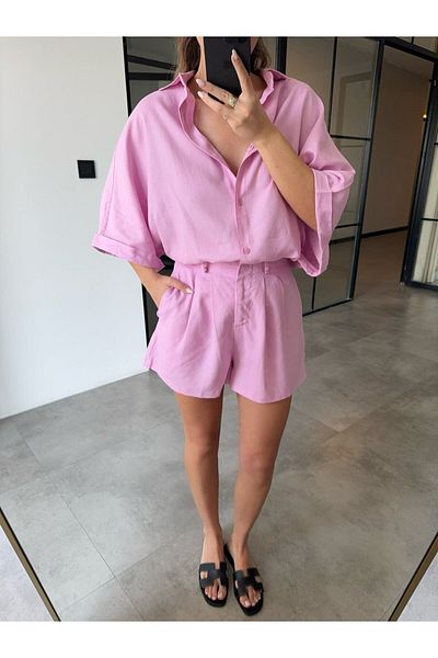 BB Bensu Buyruk Short Sleeve Shirt Shorts Pink Linen Set