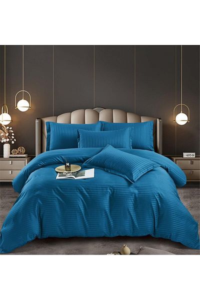 trendyhome Lenjerie de pat dublă, damasc fin, 6 piese, UNI, albastru, J23434