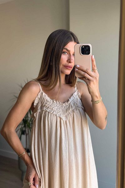 Sue Store Rochie oversize căptușită din in, cu curea de culoare piatră