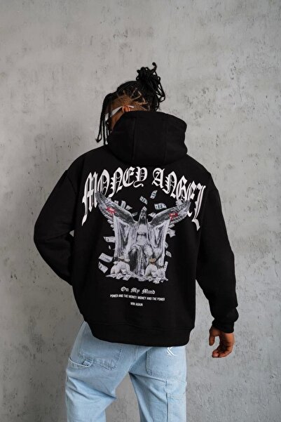 Butik Ανδρικό φούτερ με κουκούλα με κορδόνι με στάμπα - Μαύρο