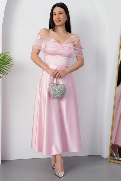 PULLIMM Straplez Yaka Göğüs Tül Detaylı Abiye ECR5587