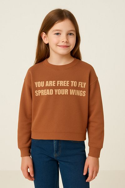Ramior Spreadwings Girls Ribbed Sweatshirt – "You Are Free to Fly" Printed, Cinnamon Brown