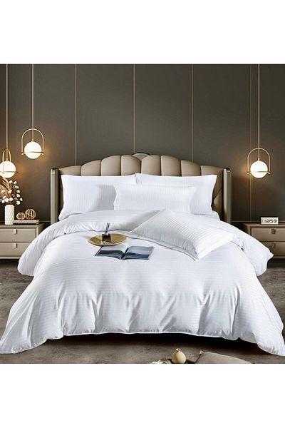 trendyhome Double Bed Linen, Fine Damask, 6 Pieces, UNI, White, J13036-ELASTIC