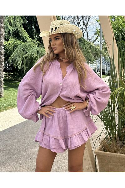 MONNET MODA Camasa si Fusta tip pantalon din muselina de bumbac 100% Lila