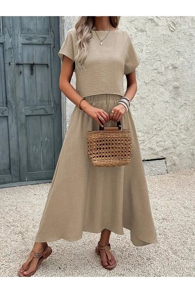Viyamo New Season Women's Short Sleeve Crew Neck Blouse Skirt Imported Linen Two-Piece Suit