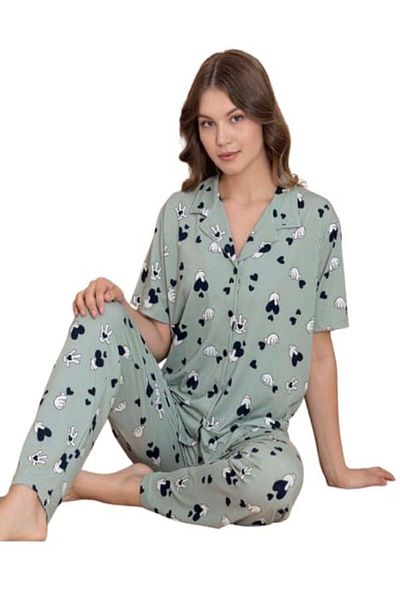 Manolya Women's Milan Fabric Shirt Collar Buttoned Green Heart Pattern Short Sleeve Pajama Set
