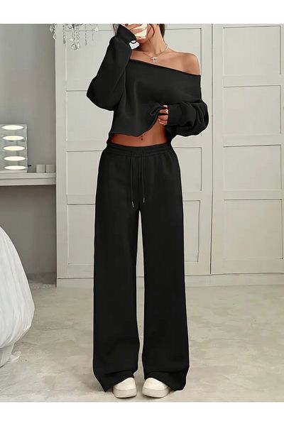Keywest Women's Plain Off Shoulder Crop Sweatshirt Sweatpants Double Set