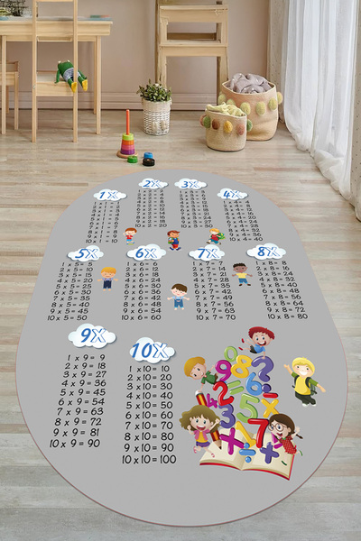 EVİMSEN Baskılı Yıkanabilir ve Kaymaz Tabanlı Çarpım Tablosu Temalı Oval Çocuk Halısı, B,O,ÇOCUK,05,GRİ