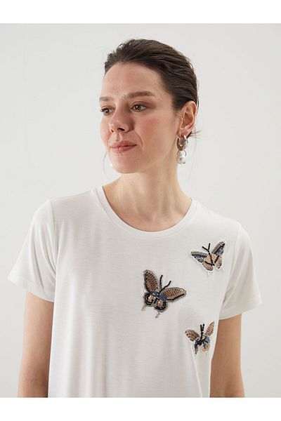 LC Waikiki New Season Crew Neck Butterfly Embroidered Women's T-Shirt - S5Lg85Z8