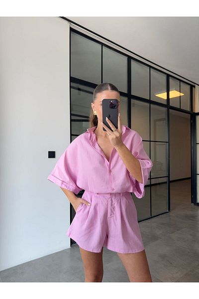 BB Bensu Buyruk Short Sleeve Shirt Shorts Pink Linen Set