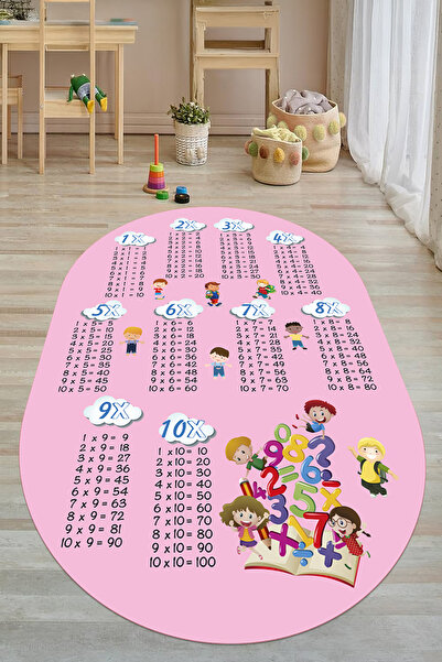 EVİMSEN Baskılı Yıkanabilir ve Kaymaz Tabanlı Çarpım Tablosu Temalı Oval Çocuk Halısı, B,O,ÇOCUK,05,PEMBE