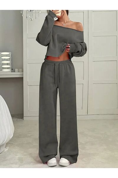 Keywest Women's Plain Off Shoulder Crop Sweatshirt Sweatpants Double Set