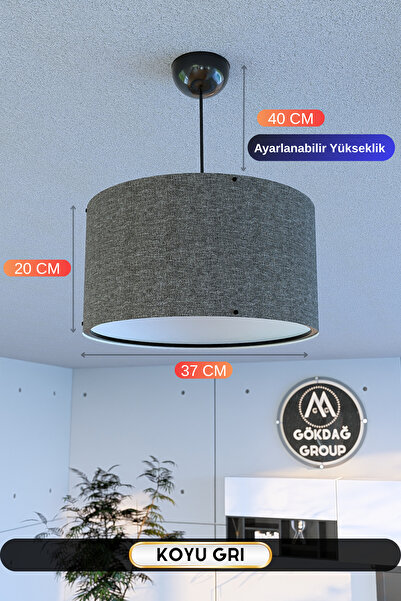 GÖKDAĞ GROUP Koyu Gri Kumaş Başlıklı Sarkıt Avize 37 CM Mega Boy
