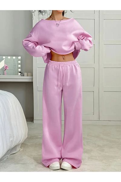 Keywest Women's Plain Off Shoulder Crop Sweatshirt Sweatpants Double Set