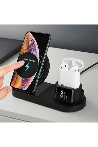 Blasko Incarcator wireless 3 in 1 Fast Charge pentru telefon, smartwatch si casti, incarcare rapida si simu