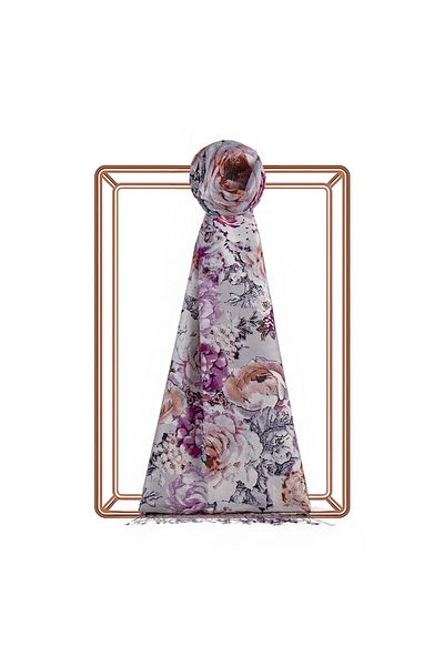 ipekevi Silver Fuchsia Rose Leather Patterned Silk Shawl