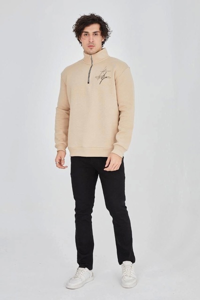 Generic Brand Men's Half-Zip Printed 3-Thread Cotton Sweatshirt - Beige