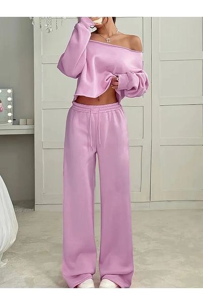 Keywest Women's Plain Off Shoulder Crop Sweatshirt Sweatpants Double Set